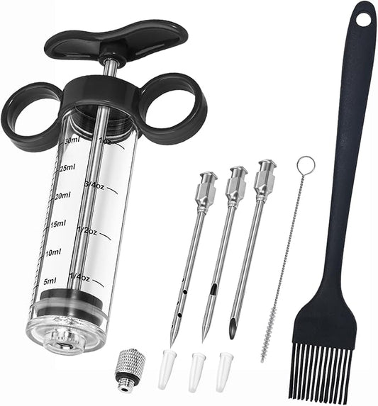 Turkey Injector, Meat Injector Syringe - 3 Marinade for BBQ Grill, 1OZ /30ML Injector Syringe, Handle MeatInjector for Smoking, Flavor Injector for Meat with Oil Brush & Cleaning Brush Black