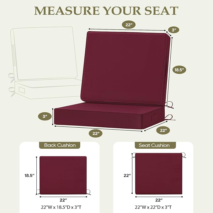 Wellsin Outdoor Deep Seat Patio Cushions, 22 x 22 Waterproof & 3-Year Fade Resistant Outdoor Cushions with Removable Covers,Ties and Handle for Chair, Sofa, Couch, Burgundy