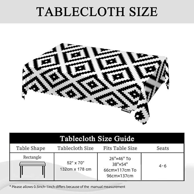 Swono Rhombus Tablecloth Ethnic Diamond White Black Table Cloth Geometric Rhombus Decorative Table Cover for Kitchen, Party Banquet and Holiday Tablecloth, 52x70 Inch(4-6 Seats)