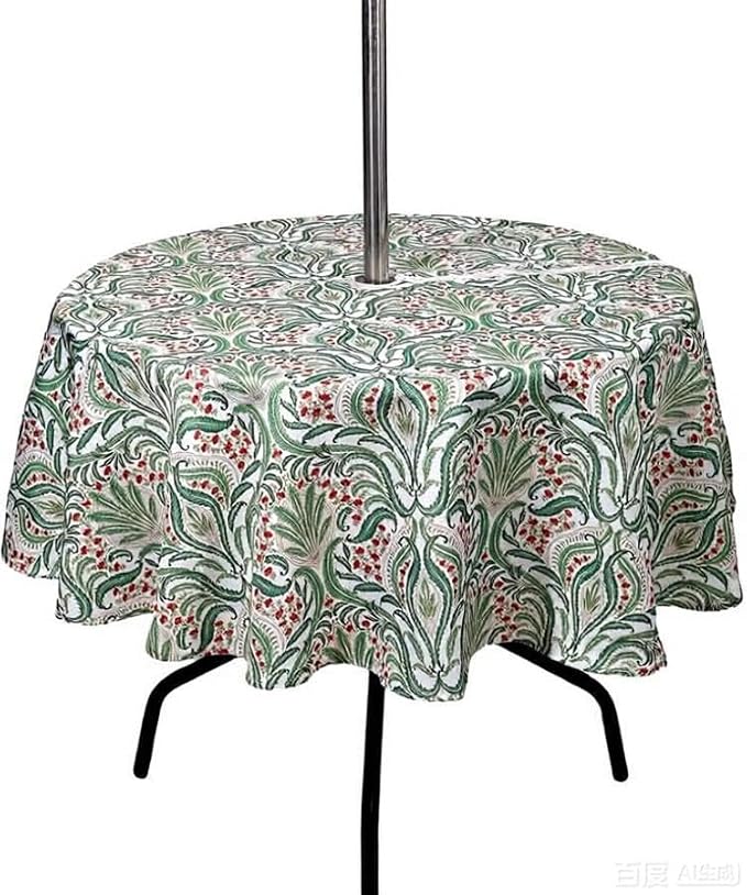SUQ I OME Outdoor Tablecloth, Green Damascus Pattern, 60'' Round with Zipper