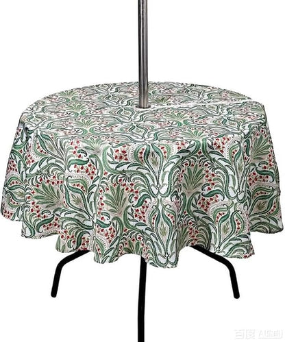 SUQ I OME Outdoor Tablecloth, Green Damascus Pattern, 60'' Round with Zipper