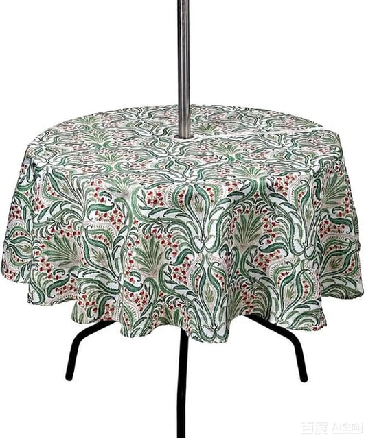 SUQ I OME Outdoor Tablecloth, Green Damascus Pattern, 60'' Round with Zipper