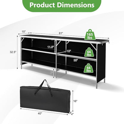 GIANTEX 81" Extra Long Portable Bar Table with 2-Tier Storage Shelves, Folding Mobile Bartending Station with Removable Skirt, Carry Case, for Events, Parties, Trade Shows (Black, 81''L x 32.5''H)
