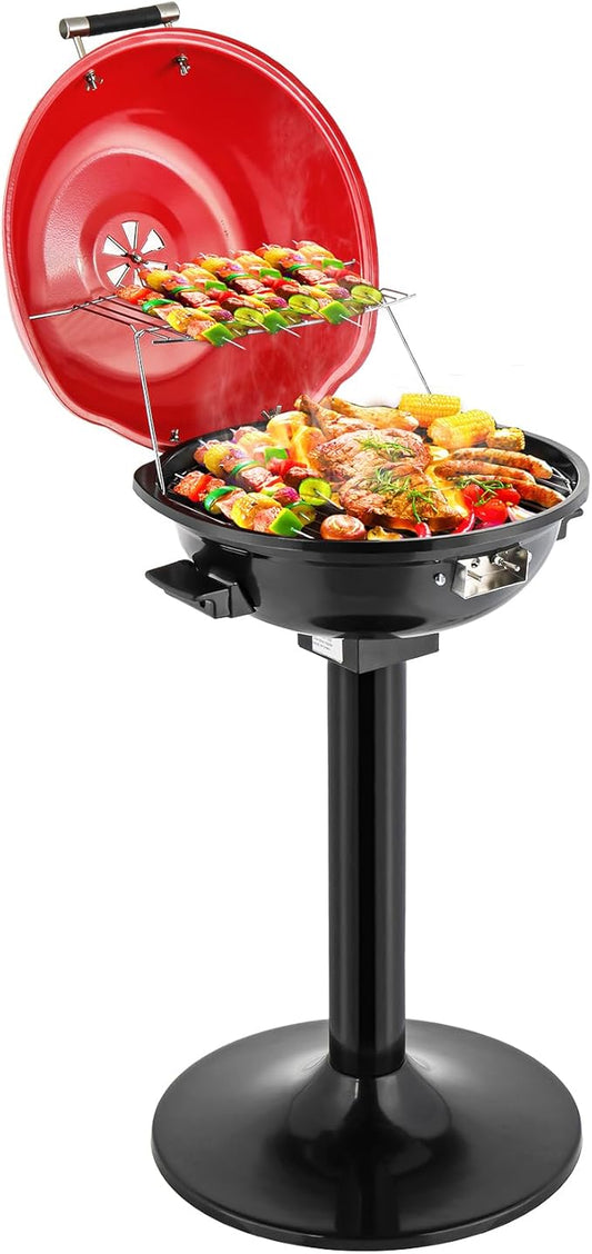 ROVSUN 1600W Vertical Electric Grill with Lid, Red 304 Stainless Steel Grill w/Detachable Pull-out Drip Tray, Double Layer Design, Portable & Removable, for Indoor and Outdoor Use