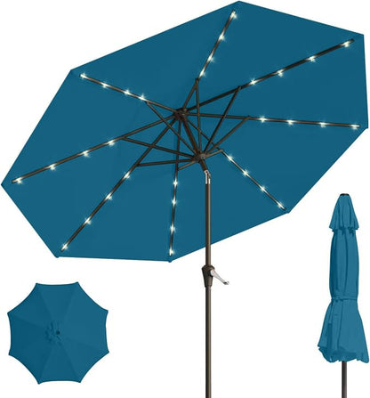9' Solar LED Patio Umbrella with Tilt & Crank|8 Sturdy Ribs,UV Protection,Outdoor Market Table Umbrella for Deck,Lawn,Pool,Backyard(Lake Blue)