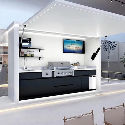 Modular Outdoor Kitchen, Stainless Steel BBQ Kitchen Island with Integrated Grill, Oven, Refrigerator and Washing Sink, Automatic Lift Door & LED Lights for Patio Backyard Outdoor Entertaining