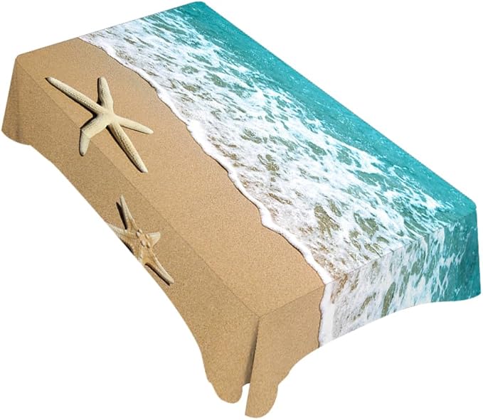 TKS MITLAN Tablecloth Summer Beach Table Cloth Rectangle Table 60 x 84 Inch Sea Wave Starfish on Sand Kitchen Decorations for Home Dinner Party