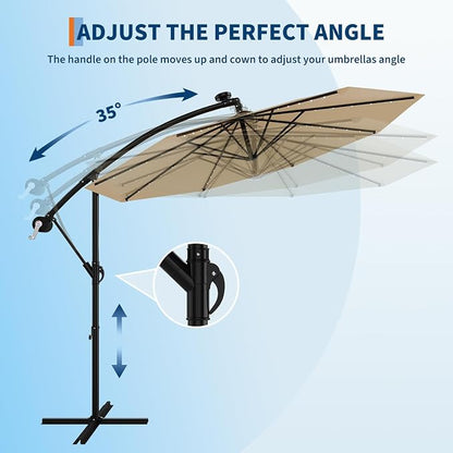 Garvee 10FT Solar Lights Offset Patio Umbrella with Cross Base, Tan | Cantilever Umbrella with Easy Lift & Tilt Adjustment, 8 Ribs Sun umbrella UV Protection for Backyard, Pool, Garden