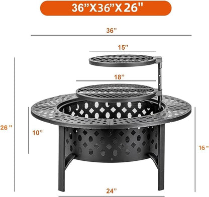 OutVue 36 Inch Fire Pit with 2 Grills, Wood Burning Fire Pits for Outside with Lid, Poker and Round Waterproof Cover, BBQ& Outdoor Firepit & Round Metal Table 3 in 1 for Patio, Picnic, Party