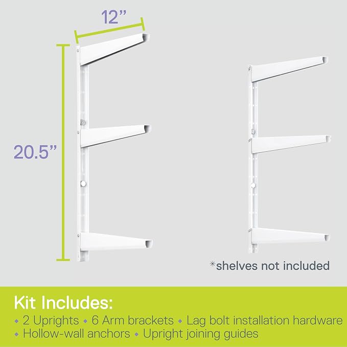 Delta Minimalistic White Shelf Brackets Cycle, Set of 6 Fully Adjustable 12-inch Heavy Duty Shelf Brackets, Holds Up to 480 lbs, Modern Shelf Bracket for Wood Shelves