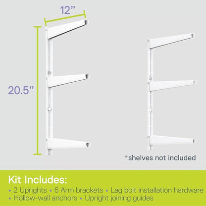 Delta Minimalistic White Shelf Brackets Cycle, Set of 6 Fully Adjustable 12-inch Heavy Duty Shelf Brackets, Holds Up to 480 lbs, Modern Shelf Bracket for Wood Shelves