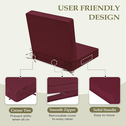 Wellsin Outdoor Deep Seat Patio Cushions, 22 x 22 Waterproof & 3-Year Fade Resistant Outdoor Cushions with Removable Covers,Ties and Handle for Chair, Sofa, Couch, Burgundy