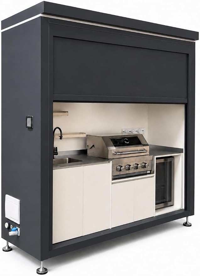Sunnyjoy Modular Outdoor Kitchen, Premium Aluminum Cabinet System-1 | Standard edition with grill, sink & storage, durable weather-resistant design, includes roll-up set for protection