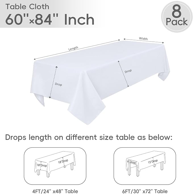 8 Pack White Rectangle Table Cloth 60 x 84 Inch For 4 Foot Tables | Wrinkle Resistant Tablecloth, Washable Polyester Fabric, Rectangular Tablecloth for Wedding Party Banquet Buffet