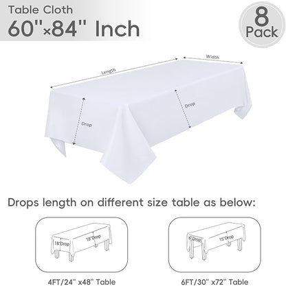 8 Pack White Rectangle Table Cloth 60 x 84 Inch For 4 Foot Tables | Wrinkle Resistant Tablecloth, Washable Polyester Fabric, Rectangular Tablecloth for Wedding Party Banquet Buffet