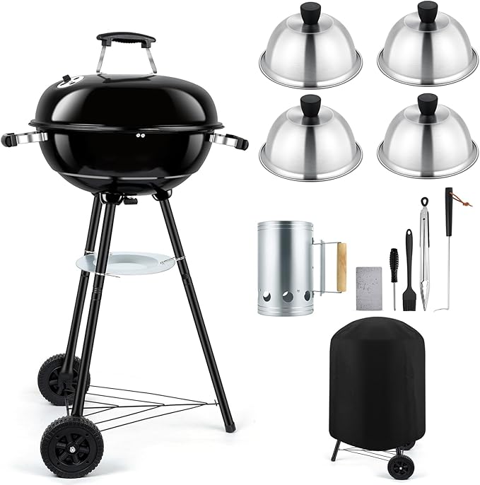 18 inch Charcoal Grills with Griddle Accessories, 4 Pack Basting Cover for Griddle, Portable Kettle Grills for Outdoor, Round BBQ Grill with Cover