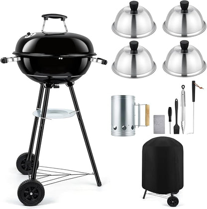 18 inch Charcoal Grills with Griddle Accessories, 4 Pack Basting Cover for Griddle, Portable Kettle Grills for Outdoor, Round BBQ Grill with Cover