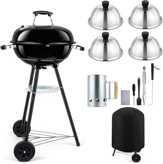 18 inch Charcoal Grills with Griddle Accessories, 4 Pack Basting Cover for Griddle, Portable Kettle Grills for Outdoor, Round BBQ Grill with Cover
