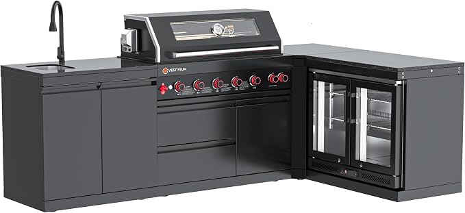 SERA C 6-Burner Propane L-Shape Outdoor Kitchen with Fridge Black | Black 304 stainless steel, 87,900 BTU + infrared, storage drawers, 90° corner L-shape, soft-close, locking caster, organizing