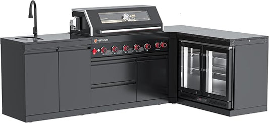 SERA C 6-Burner Propane L-Shape Outdoor Kitchen with Fridge Black | Black 304 stainless steel, 87,900 BTU + infrared, storage drawers, 90° corner L-shape, soft-close, locking caster, organizing