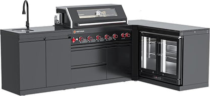 SERA C 6-Burner Natural L-Shape Outdoor Kitchen with Fridge Black | Black 304 stainless steel, 87,900 BTU + infrared, storage drawers, 90° corner L-shape, soft-close, locking caster, organizing