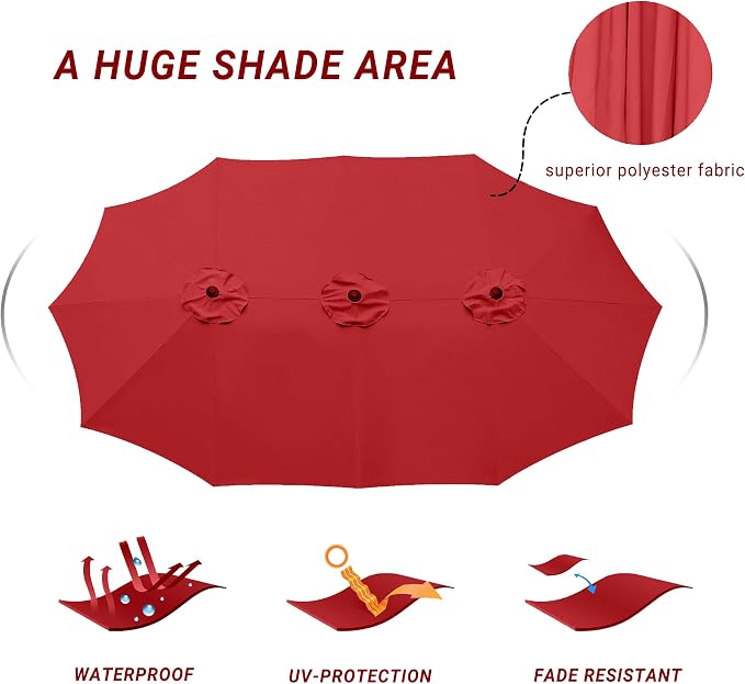 15ft Patio Umbrella with Base, 10-Year-No-Fade Large Outdoor Double-Sided Market Umbrella with UPF50+Terylene Polyester Fabric and Crank for Poolside Garden Deck Backyard Beach Pools