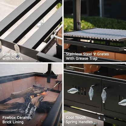 Ash & Ember Santa Maria Grill with Brasero Charcoal Chamber, Wood & Charcoal Argentine Grill with Ceramic Brick Lining, BBQ Grill with Hand Wheel for Adjustable Heat Control, Bottom & Side Shelf