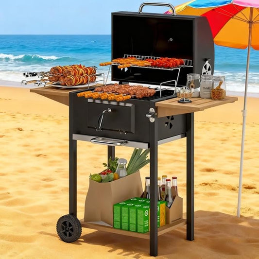 Charcoal BBQ Grill with Adjustable Charcoal Pan, Lid Thermometer, Side Shelves & Warming Rack, Outdoor Charcoal Grill for Backyard, Patio & Garden