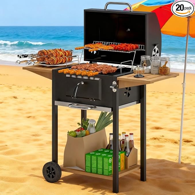 Portable Camping Charcoal Grill Barbecue with Smoker, Outdoor Grills & Smokers for Backyard, Asador de Carbon with Foldable Shelf and Wheels, Barrel Style Charcoal Grills BBQ,A4