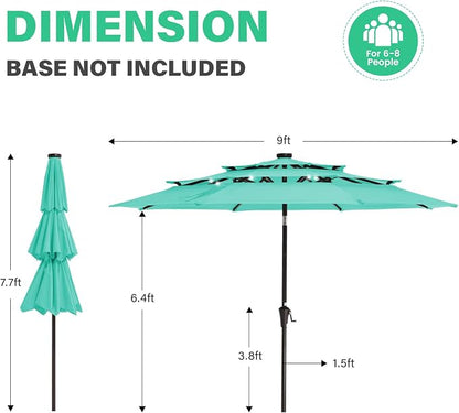 JEAREY 9 ft 3-Tier Outdoor LED Lighted Patio Umbrella w/Crank, Peacock Blue | Solar Market Table Umbrella with 8 Sturdy Ribs, UV Protection Waterproof Sunproof for Garden, Deck and Backyard