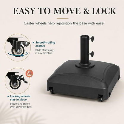 125 Lbs Fillable Mobile Umbrella Base, Heavy Duty Square Stand Built with 4 Rolling Wheels, Stable Outdoor Holder for Patio Deck Lawn and Poolside Market Parasols, Black