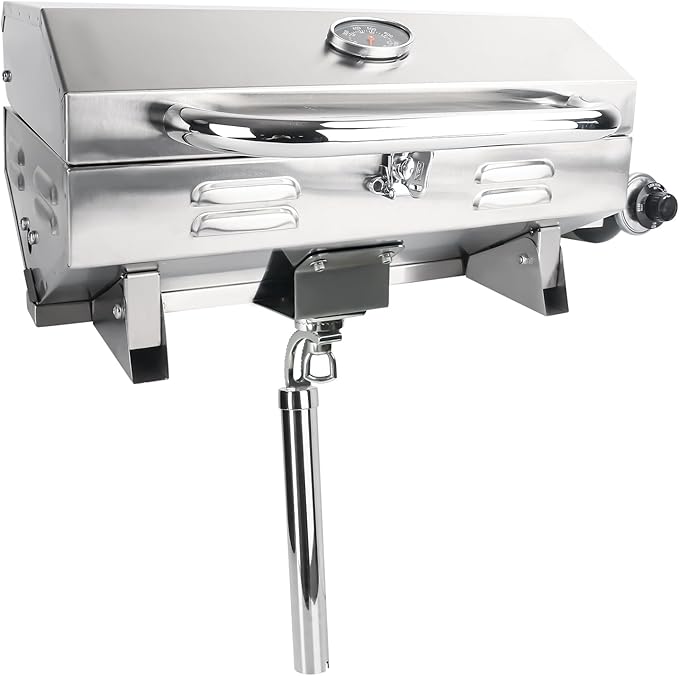 Boat Grill, 304 Stainless Steel Marine Grills w/Rod Holder Mount, Heat-Resistant Handle, Portable Propane BBQ for Boats & Tailgating & Camping, Built in Thermometer