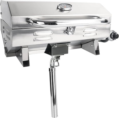 Boat Grill, 304 Stainless Steel Marine Grills w/Rod Holder Mount, Heat-Resistant Handle, Portable Propane BBQ for Boats & Tailgating & Camping, Built in Thermometer