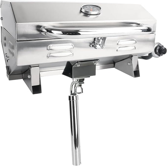 Boat Grill, 304 Stainless Steel Marine Grills w/Rod Holder Mount, Heat-Resistant Handle, Portable Propane BBQ for Boats & Tailgating & Camping, Built in Thermometer