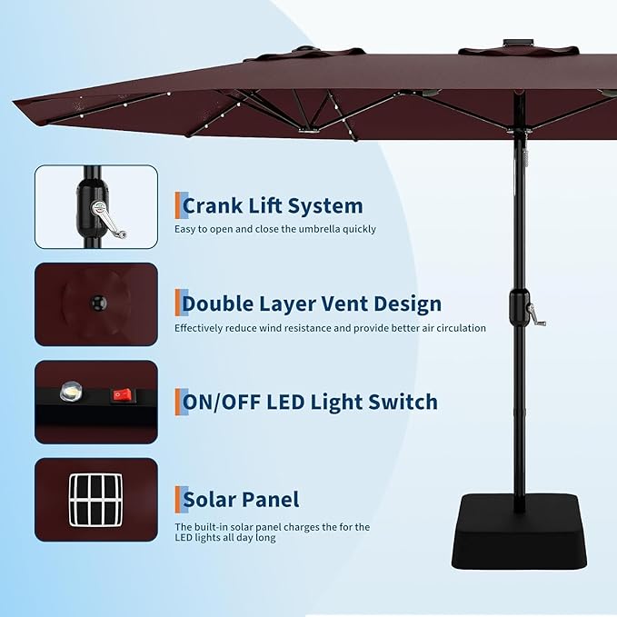 15FT Outdoor Patio Umbrella,Double-Sided Rectangle Market Umbrella with 36 LED Solar Lights & Base,UV50+ Weather-Resistant Oversized Outdoor Umbrella,Crank Lift,3-Way Shade for Pool,Garden,Backyard