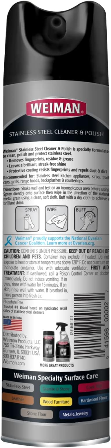 Weiman Stainless Steel Cleaner & Polish Streak-Free Shine - For Refrigerators, Oven, Dishwasher, Stove - 4 Pack Aerosol Spray with Microfiber Cloth Included