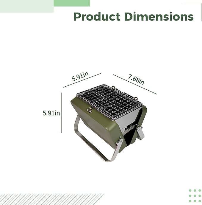 Mini Table Top Charcoal Grill, Portable BBQ Grill with Iron Body and Aluminum Legs, Foldable Suitcase Design, Green Grill for Outdoor Cooking, 1-2 Person Use