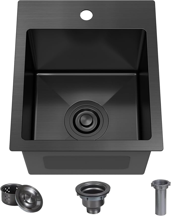 13x15x9 Inch Black Bar Sink Drop In - 18 Gauge Stainless Steel Small Kitchen Sink for RV, Wet Bar, Food Truck & Tiny Home, Nano PVD Gunmetal Matte Black Single Bowl with Strainer