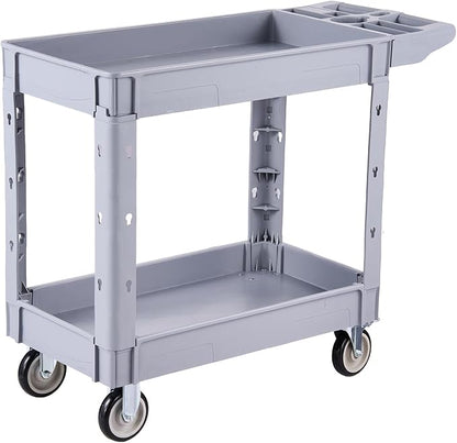 VEVOR Utility Cart, 550 lbs Capacity, 2 Tier Service Cart with 360° Swivel & Fixed Wheels (2 with Brakes), Heavy Duty Plastic Rolling with Storage Tray, Tool Storage for Garage Warehouse Workshop