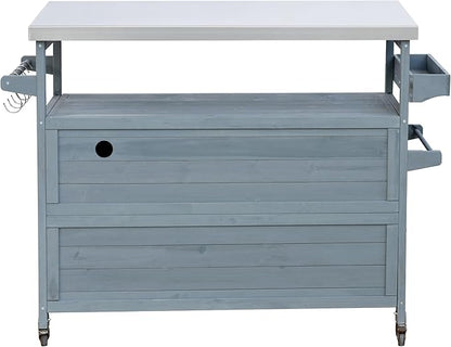LUMISOL Outdoor Grill Cart with Stainless Steel Top, Farmhouse Solid Wood Kitchen Island with Storage Rack, Outdoor Rolling Bar Cart & Storage Cabinet with Spice & Towel Rack, Grey Blue