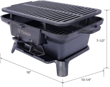 Portable Cast Iron Hibachi Grill, Tabletop Charcoal BBQ Grill with Adjustable Vent, Heavy Duty Enamel-Coated Cast Iron Griddle for Camping, Tailgating, Picnics, Backyard & Outdoor Cooking, Blac