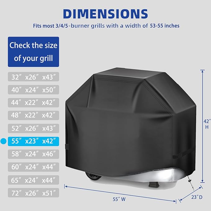 BBQ Gas Grill Cover for Outdoor, Anti-UV, Rip-Proof, 600D Oxford Fade Resistant Material, Barbecue Cover with Hook and Loop Straps & Adjustable Hem Drawstring (Black, 55”x23”x42”)
