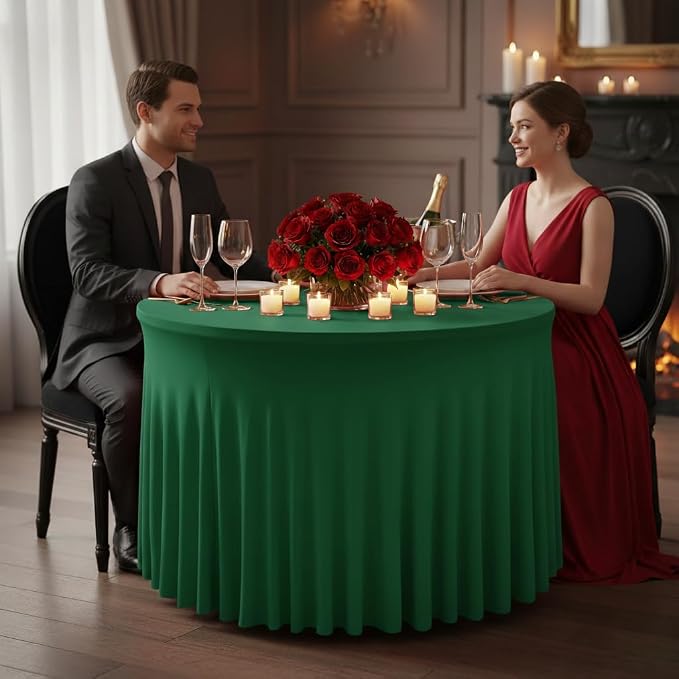 6 Pack Hunter Green Spandex Table Covers for Christmas, 60 Inch Round | Spandex Table Skirts, For 5 Ft Bridal Shower Cake Table, Ruffle Design Banquets, Baby Showers, Parties, Wrinkle Resistant