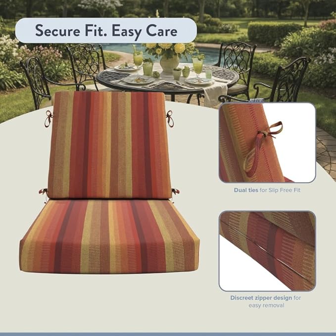 California Umbrella Outdoor Dining Chair, Set of 2 Patio Seat Cushions, 20 x 40 Inch, Premium Outdoor Memory Foam, Fade Resistant, Sunbrella Fabric, Fabric Ties, Astoria Sunset