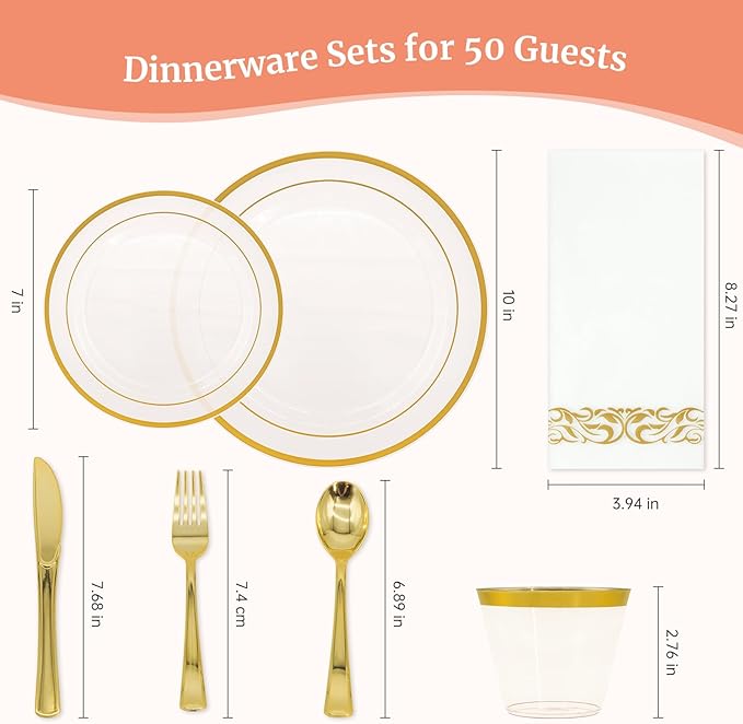 AIRE 350PCS Pink Gold Plastic Plates for Party Dinnerware Sets for 50 Guests, Disposable Plastic Party Supplies Plates, Cups, Spoons, Forks, Knives, Napkins for Wedding Birthday BBQ Christmas Parties