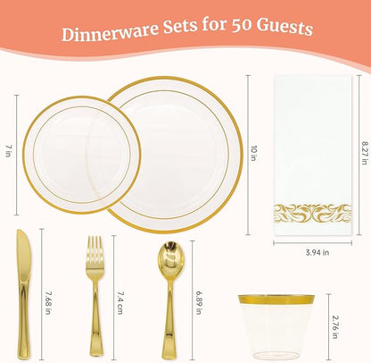 AIRE 350PCS Pink Gold Plastic Plates for Party Dinnerware Sets for 50 Guests, Disposable Plastic Party Supplies Plates, Cups, Spoons, Forks, Knives, Napkins for Wedding Birthday BBQ Christmas Parties