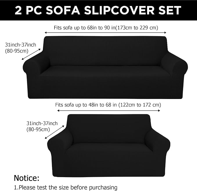 Peryiter 2 Pcs Couch and Loveseat Sofa Covers,Black,Fleece | Armchair Covers for Living Room, Sofa Cushion Slipcover 2/3 Seater, Furniture Protector, Polyester and Spandex, Washable
