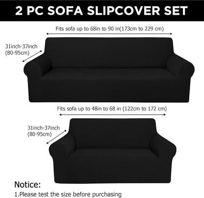 Peryiter 2 Pcs Couch and Loveseat Sofa Covers,Black,Fleece | Armchair Covers for Living Room, Sofa Cushion Slipcover 2/3 Seater, Furniture Protector, Polyester and Spandex, Washable