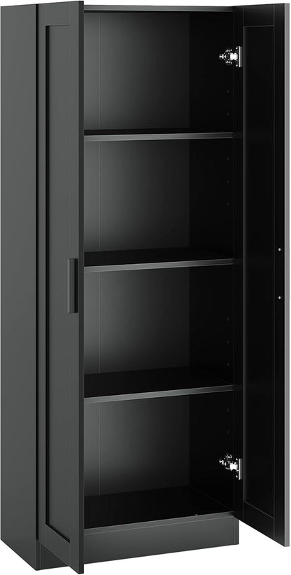 Panana Wooden Storage Cabinet, Narrow Pantry Cabinets Free Standing Tall Storage Cabinet with 2 Doors and Shelves (Black)
