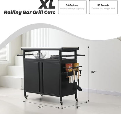 Nexaio XL Rolling Bar Grill Cart Outdoor Patio Furniture, Outdoor Grill Table with Stainless Steel Top for Kitchen Prep and Outdoor Storage Cabinet for Grilling Accessories, Black